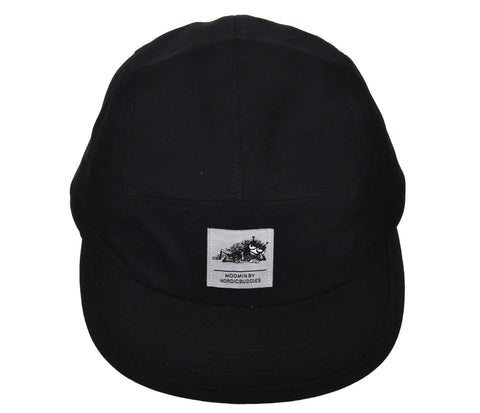 4. Front view of black Stinky Five Panel Cap by Moomin, highlighting logo patch