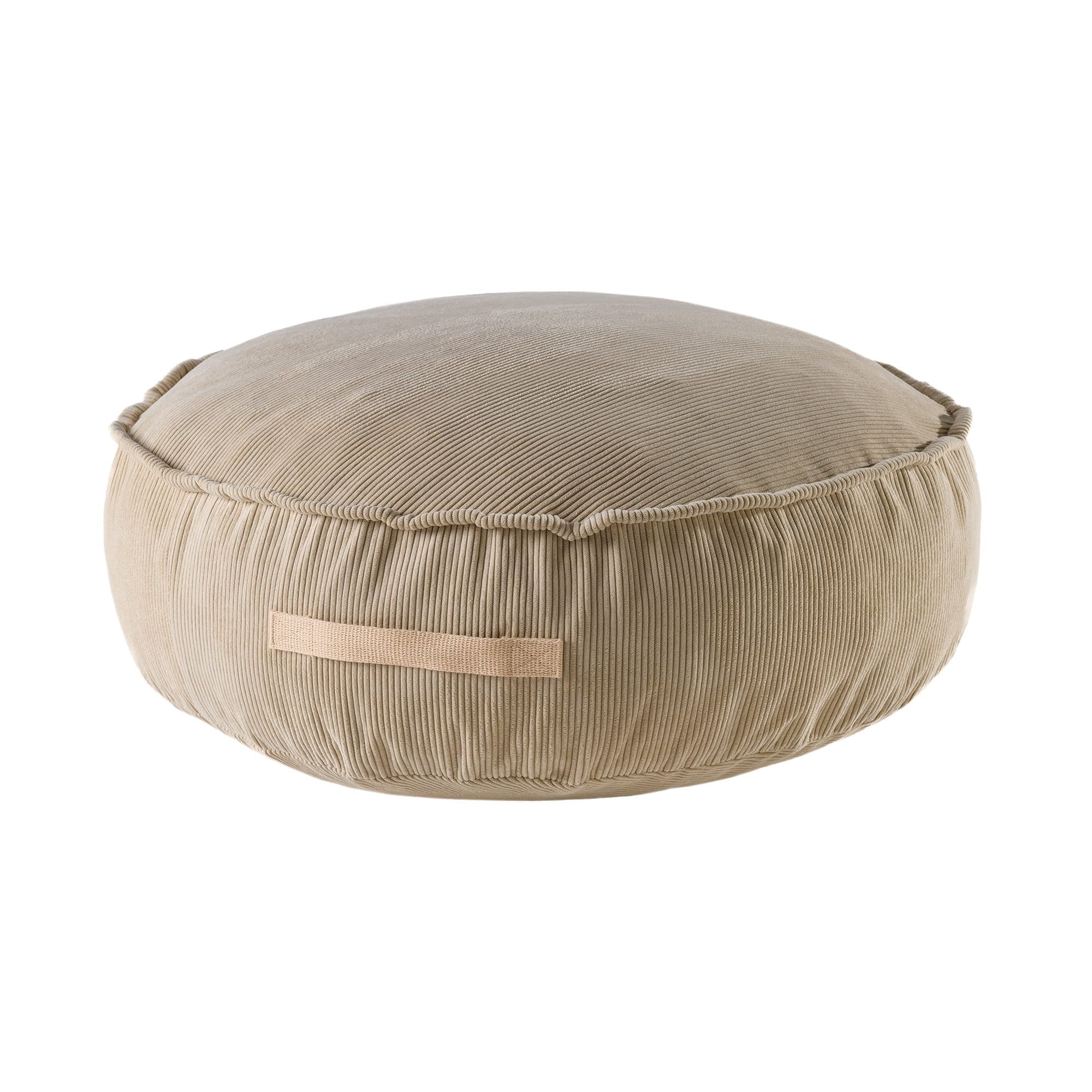 1. Sand-colored MeowBaby corduroy pouf round with handle, shown in studio setting highlighting texture and design