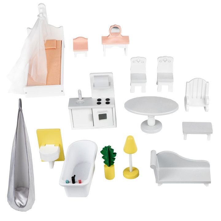 4. Flat lay of 15 wooden furniture pieces for Gerardo's Toys dollhouse, including bed, chairs, table, bathtub, and lamp