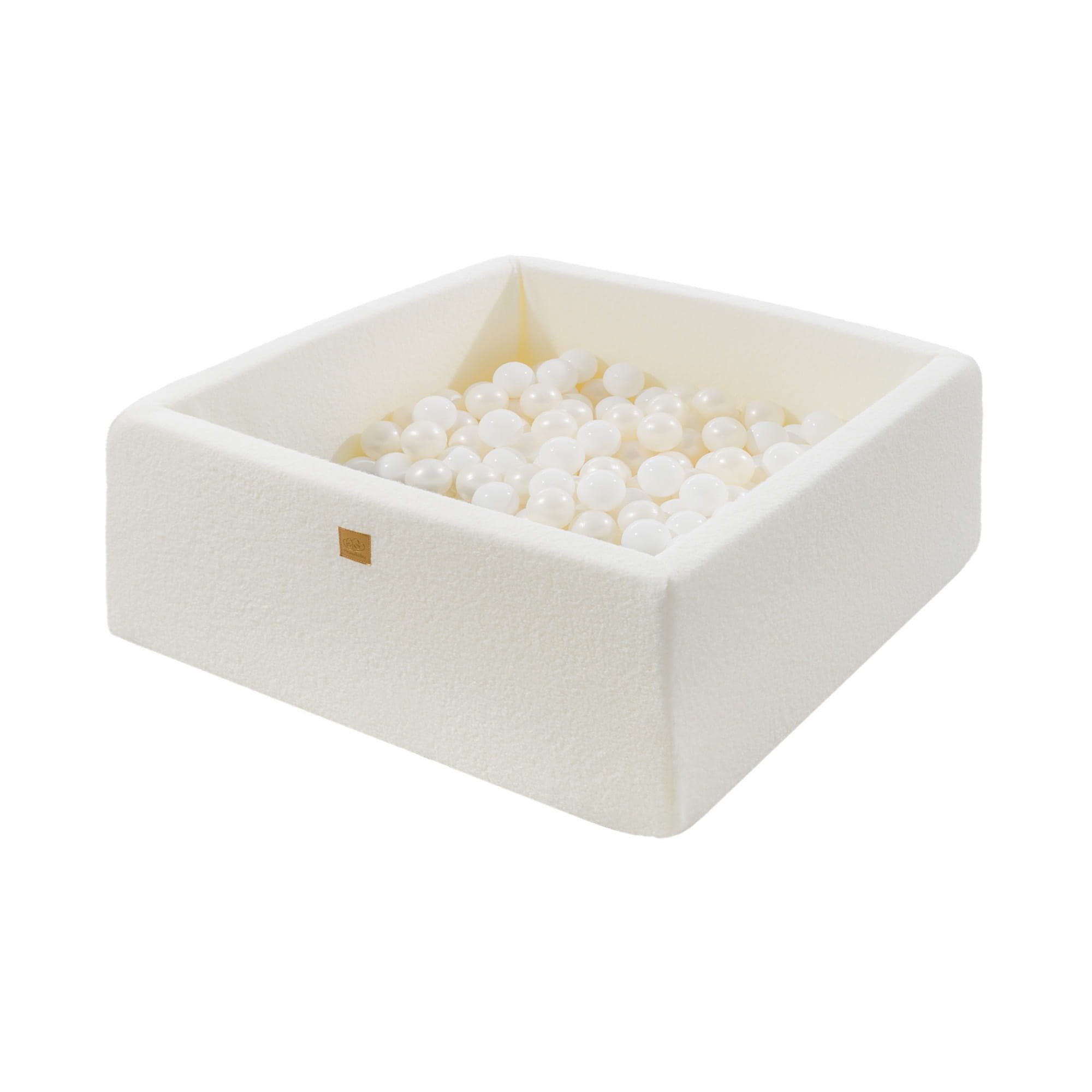 1. MeowBaby white boucle square ball pit filled with white pearl balls, featuring soft anti-allergic foam and zippered washable cover, shown in a studio setting.