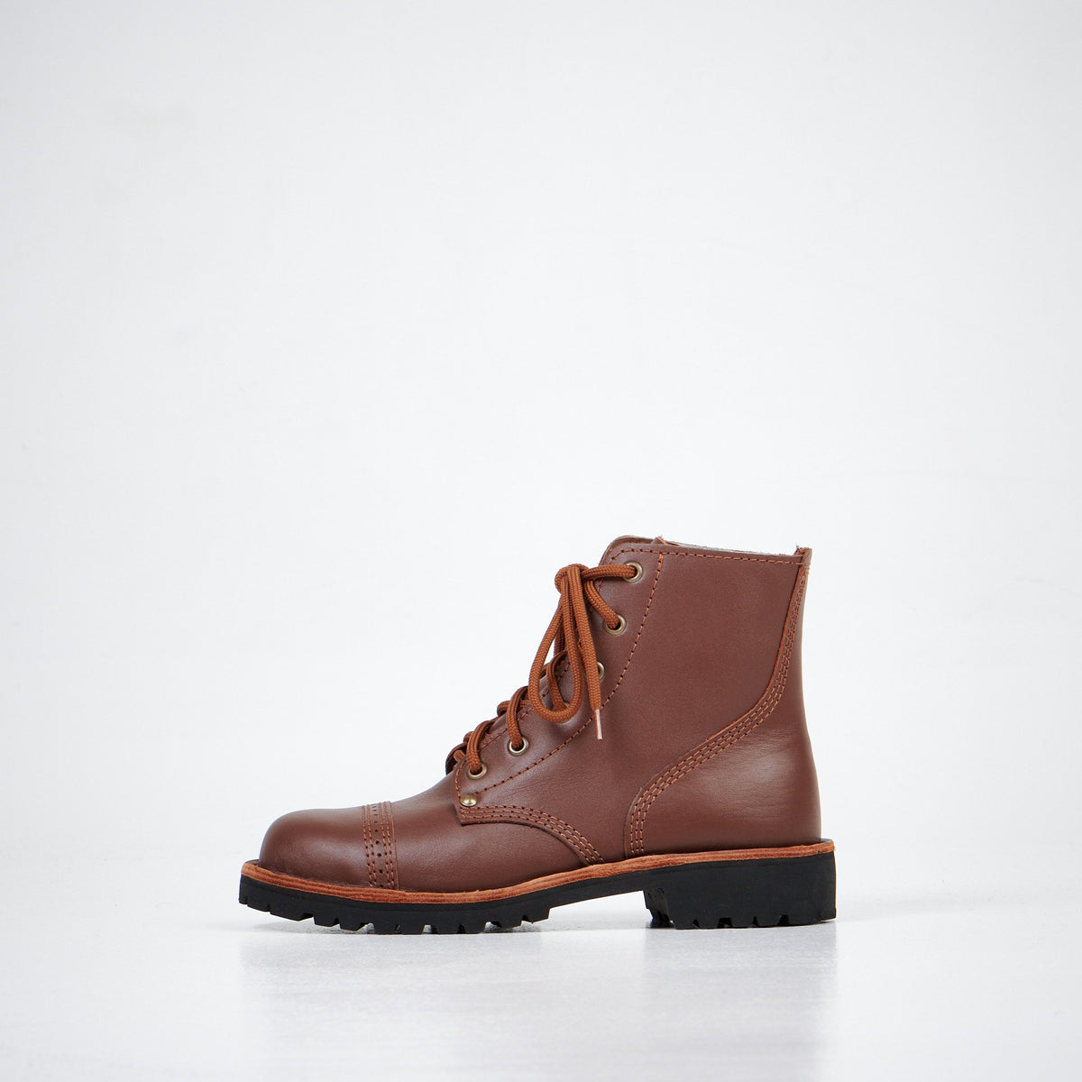 3. Aipi A-PS-2 brown leather boots with lace-up closure, side profile in studio