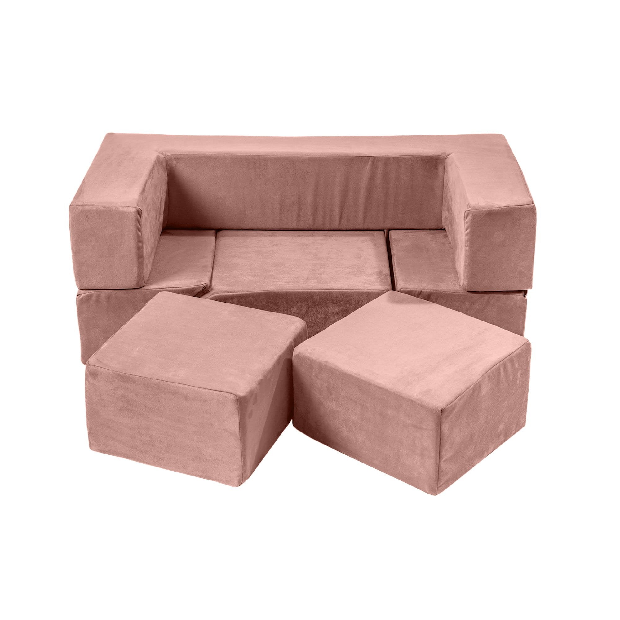 1. Pink velvet children's playground set arranged as a sofa with soft blocks