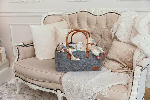 1. Ally Scandic storage basket diaper caddy organizer on elegant sofa, showcasing felt and PU leather design