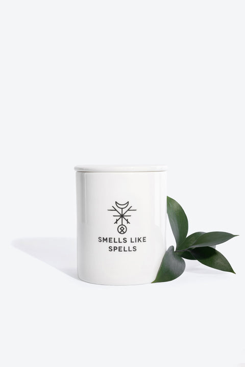 3. Smells Like Spells Scented Candle THE FOOL in porcelain container with green leaf accent, highlighting natural theme