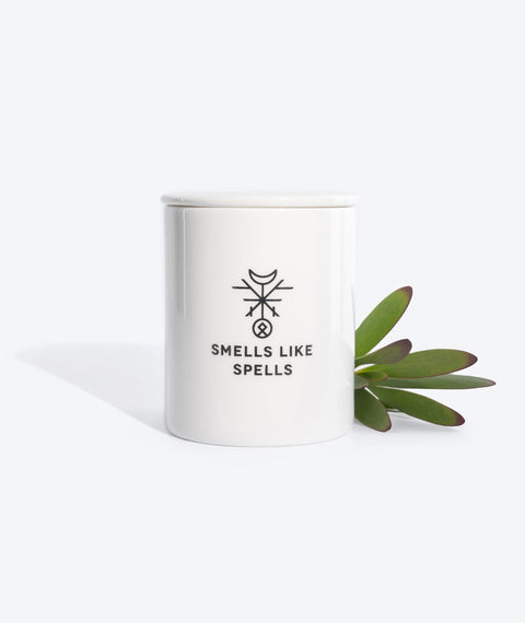 2. Smells Like Spells scented candle THE WHEEL OF FORTUNE in porcelain container with plant accent, studio setting