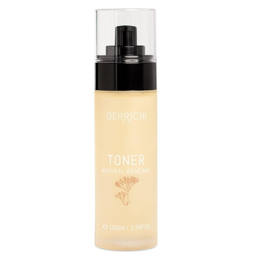 1. Berrichi Facial Cleansing Tonic TONER, 100ml bottle with natural renewal label, featuring eco-friendly design and vegan certification