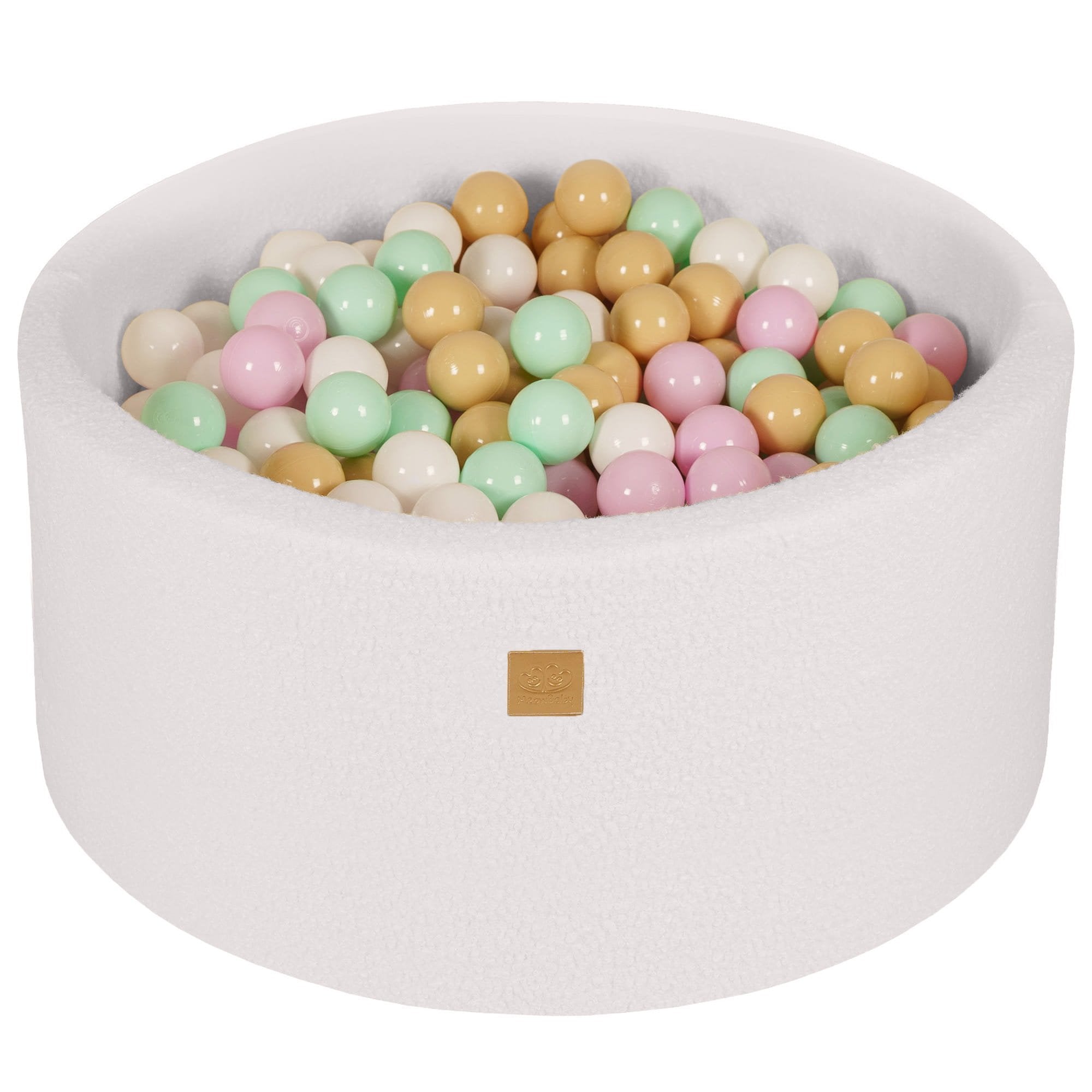 1. Round white boucle ball pit filled with pastel pink, mint, white, and beige balls, designed for children, highlighting soft hypoallergenic foam and zippered cover, by MeowBaby.