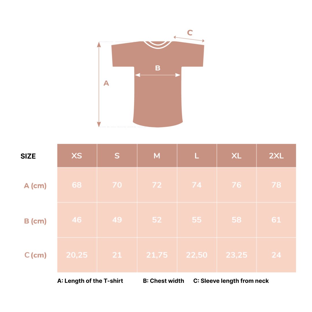 4. Size chart for Beebila unisex t-shirt, showing measurements in cm for sizes XS to XXL
