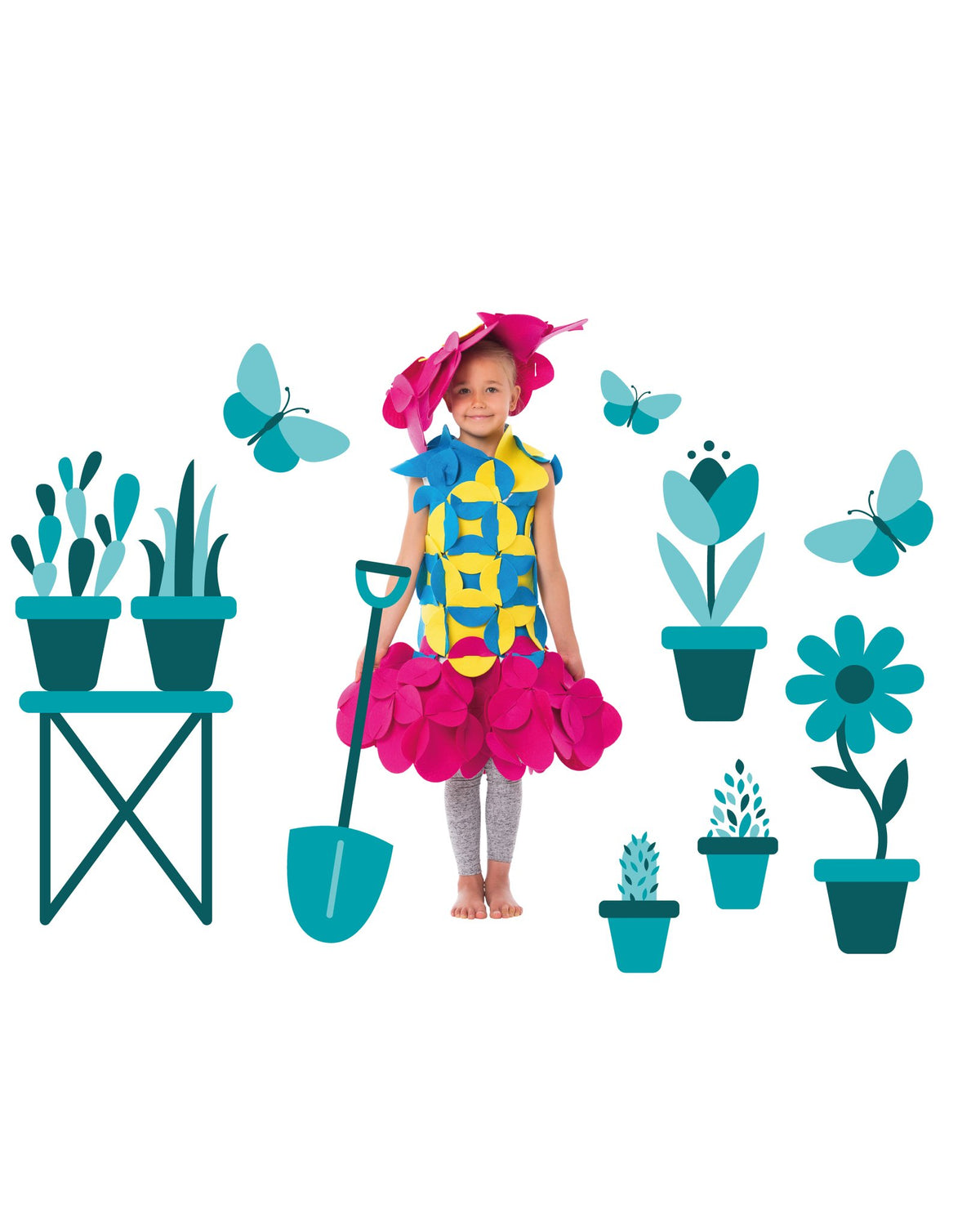 11. Girl dressed as Flora the Genius Fairy Botanist with illustrated plants and butterflies on black background