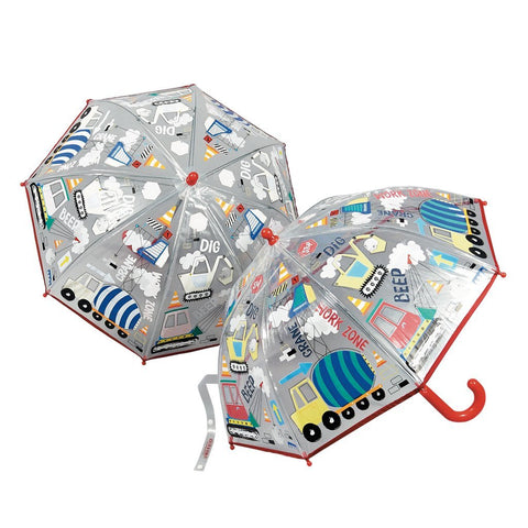 1. Transparent color-changing children's umbrella with construction site motifs, featuring trucks and cranes, red handle, and Velcro fastener, designed by Floss & Rock.