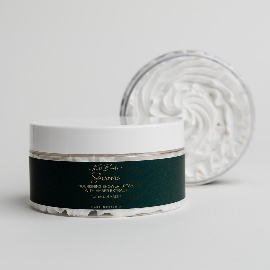 5. North Beauty Nourishing Shower Cream with Amber Extract, studio shot with open jar