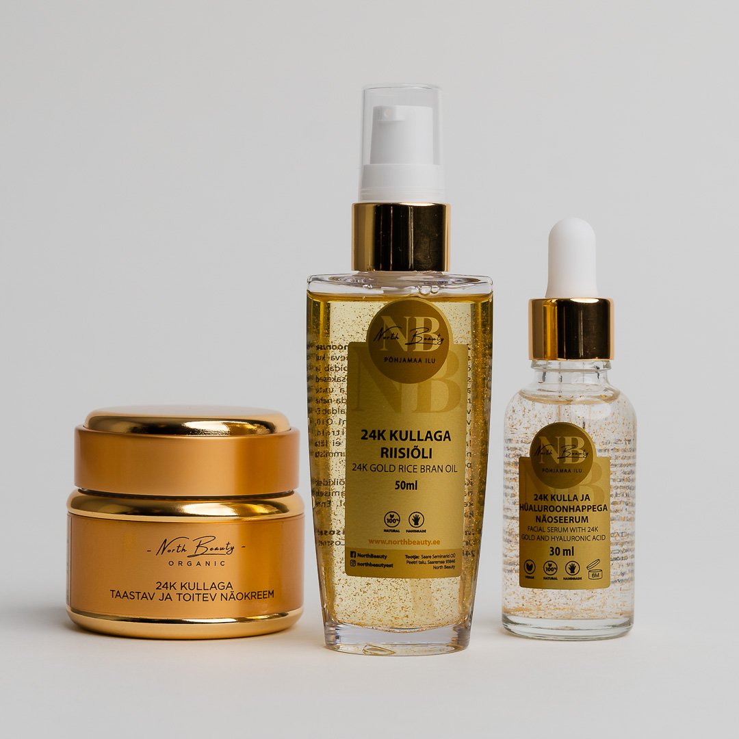 1. North Beauty 24K Gold Gift Set for Women featuring facial serum, rice oil, and face cream in studio setting