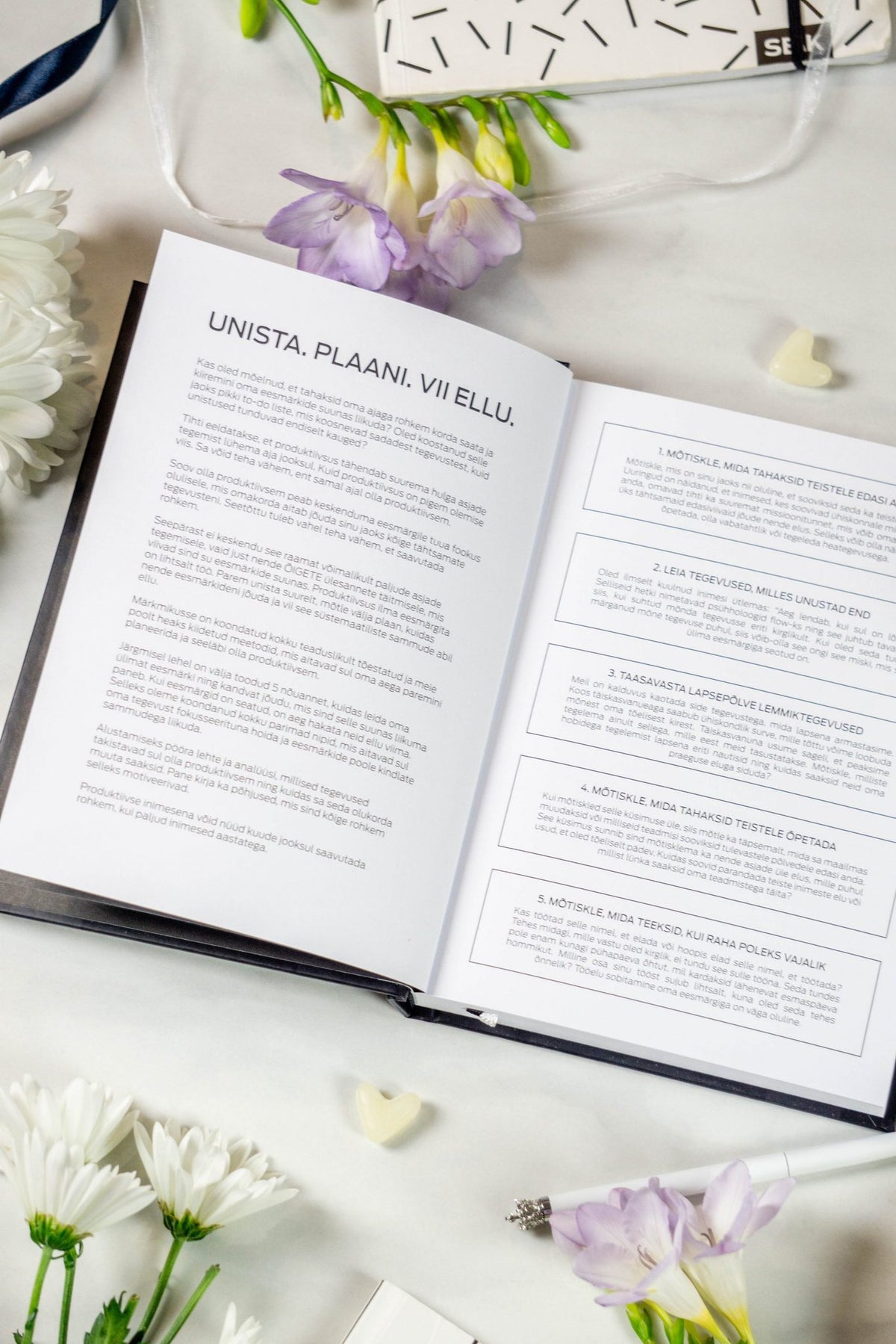 4. Open Get (sh)it done #Produktiivsuspäevik planner showing goal-setting pages, with floral accents