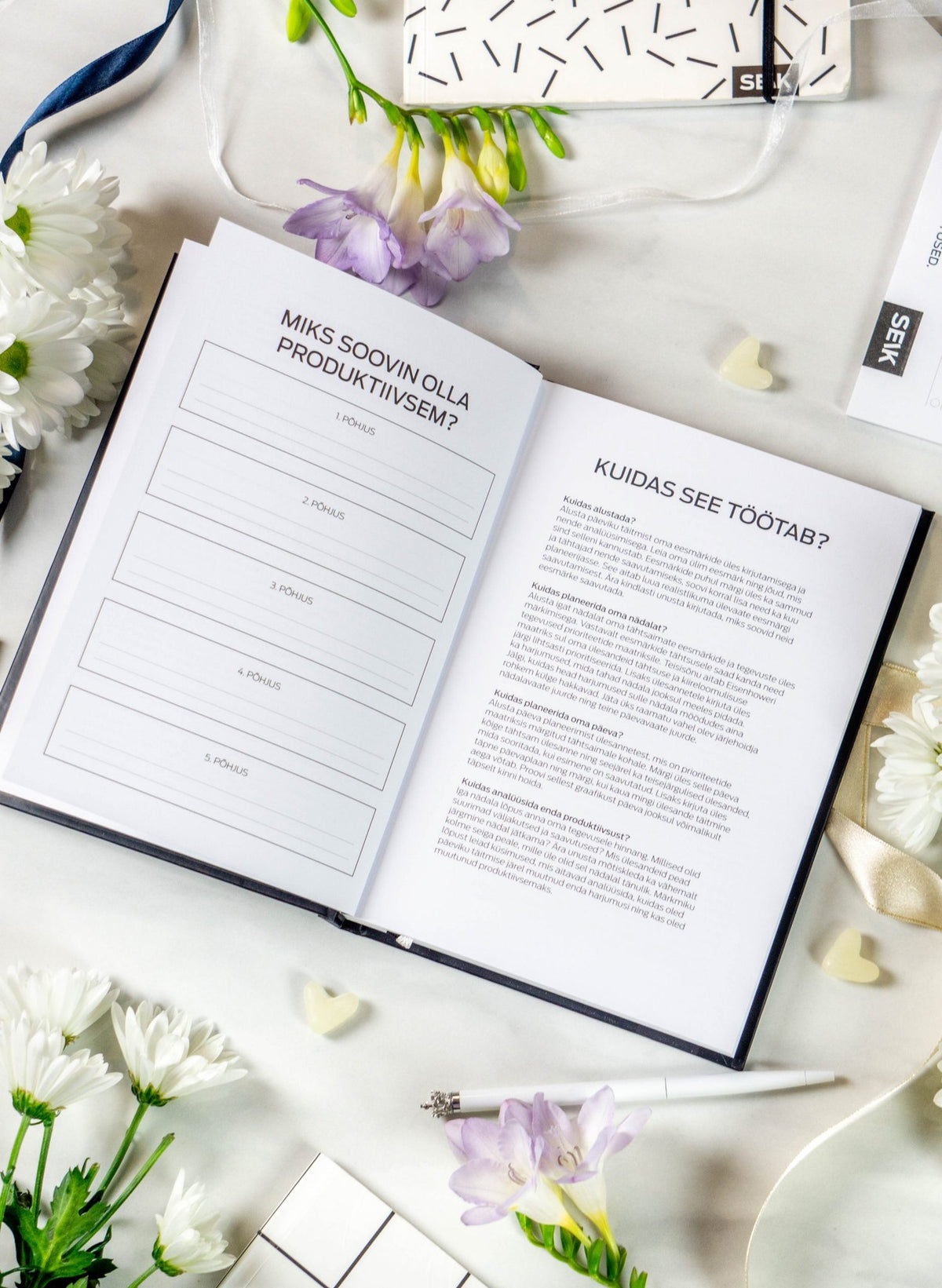 15. Get (sh)it done #Produktiivsuspäevik planner open to advice pages, with floral decor