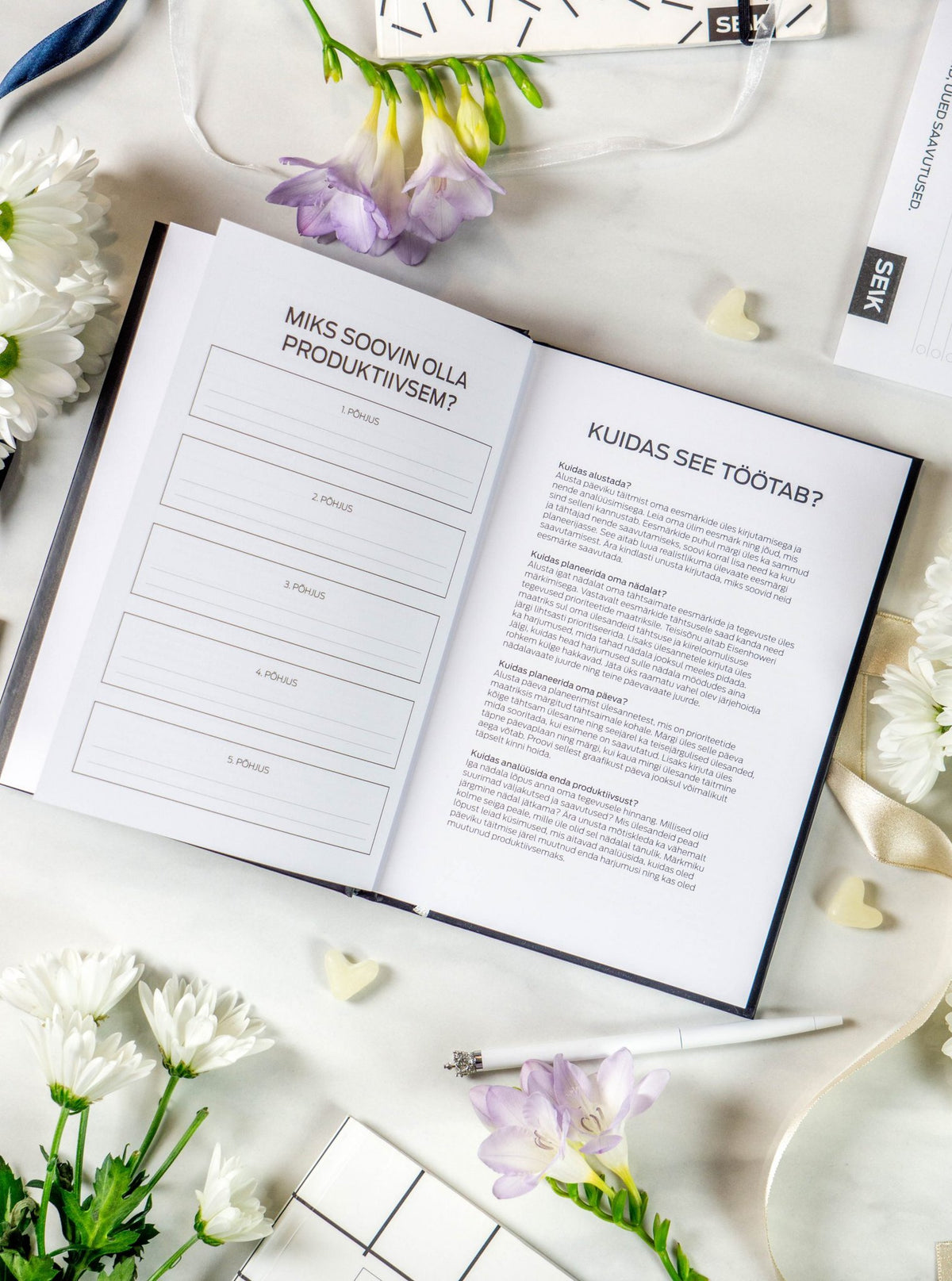 14. Open Get (sh)it done #Produktiivsuspäevik planner with productivity advice, styled with flowers