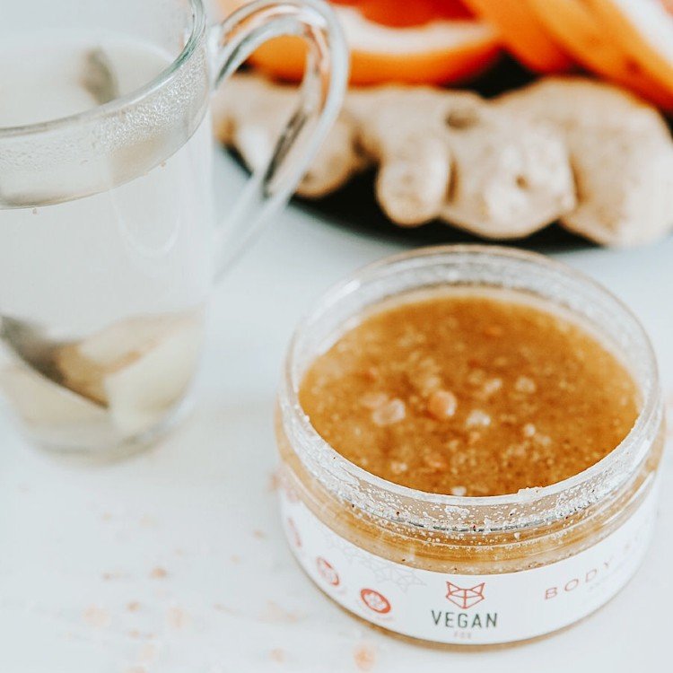 2. Vegan Fox Anti-cellulite Body Scrub Ginger, 300g, in sunlight with green leaves
