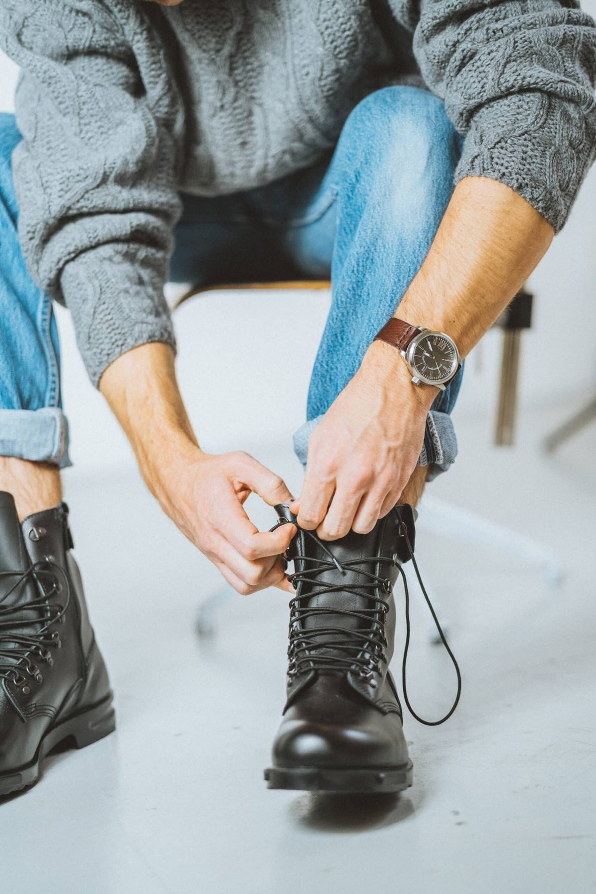 4. Angled view of Samelin Hawk Pilot Boots, showing lace details and durable outsole