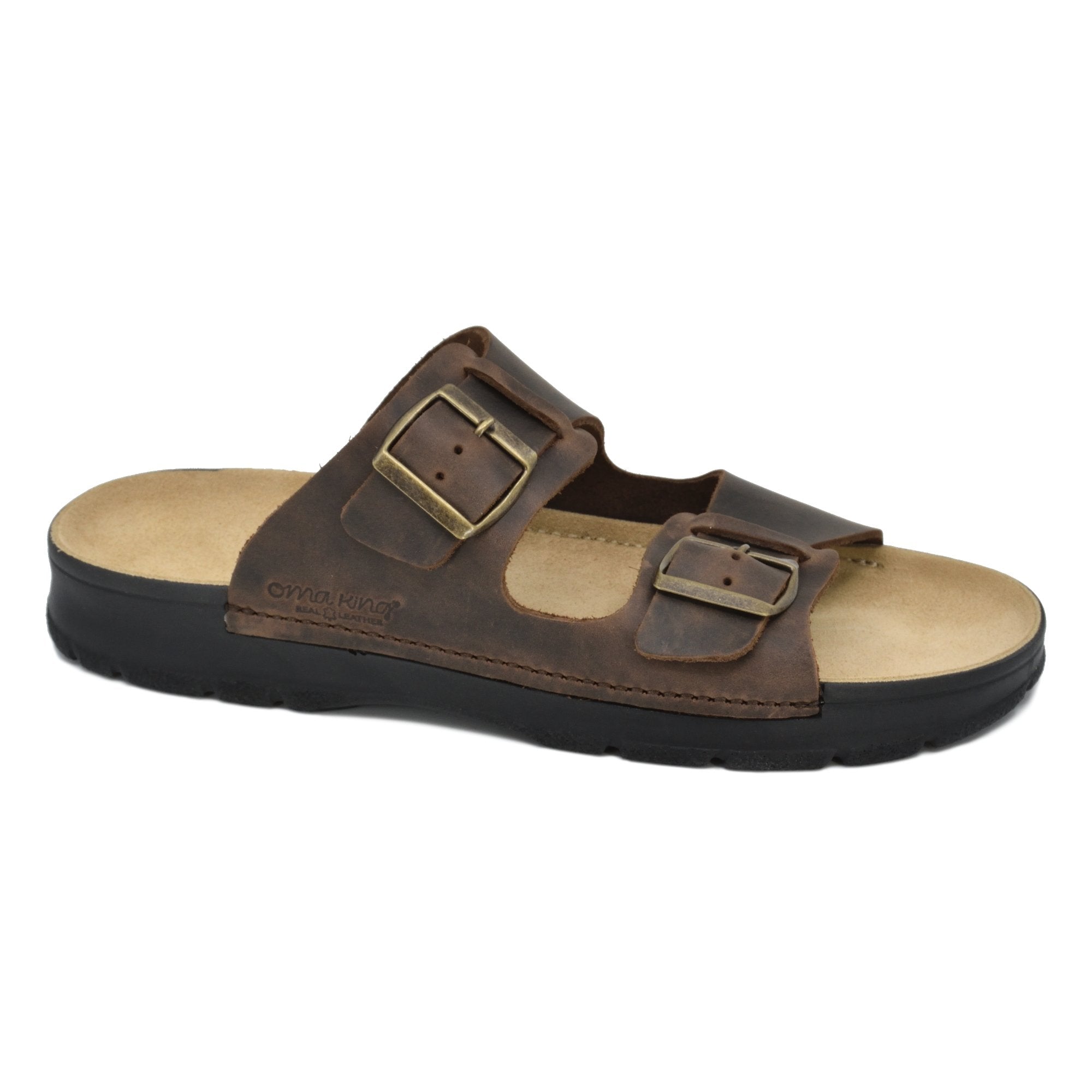 1. Omaking Märt v2 dark brown leather sandals with adjustable buckle closures, shown in studio setting