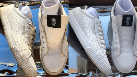 1. Before and after comparison of white sneakers cleaned with GoGoNano eco-friendly shoe cleaner gel