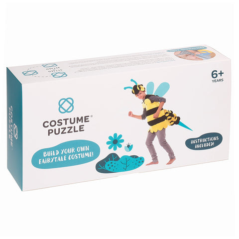 1. Child wearing bee costume from Costume Puzzle on packaging box with playful design and instructions for ages 6 and up