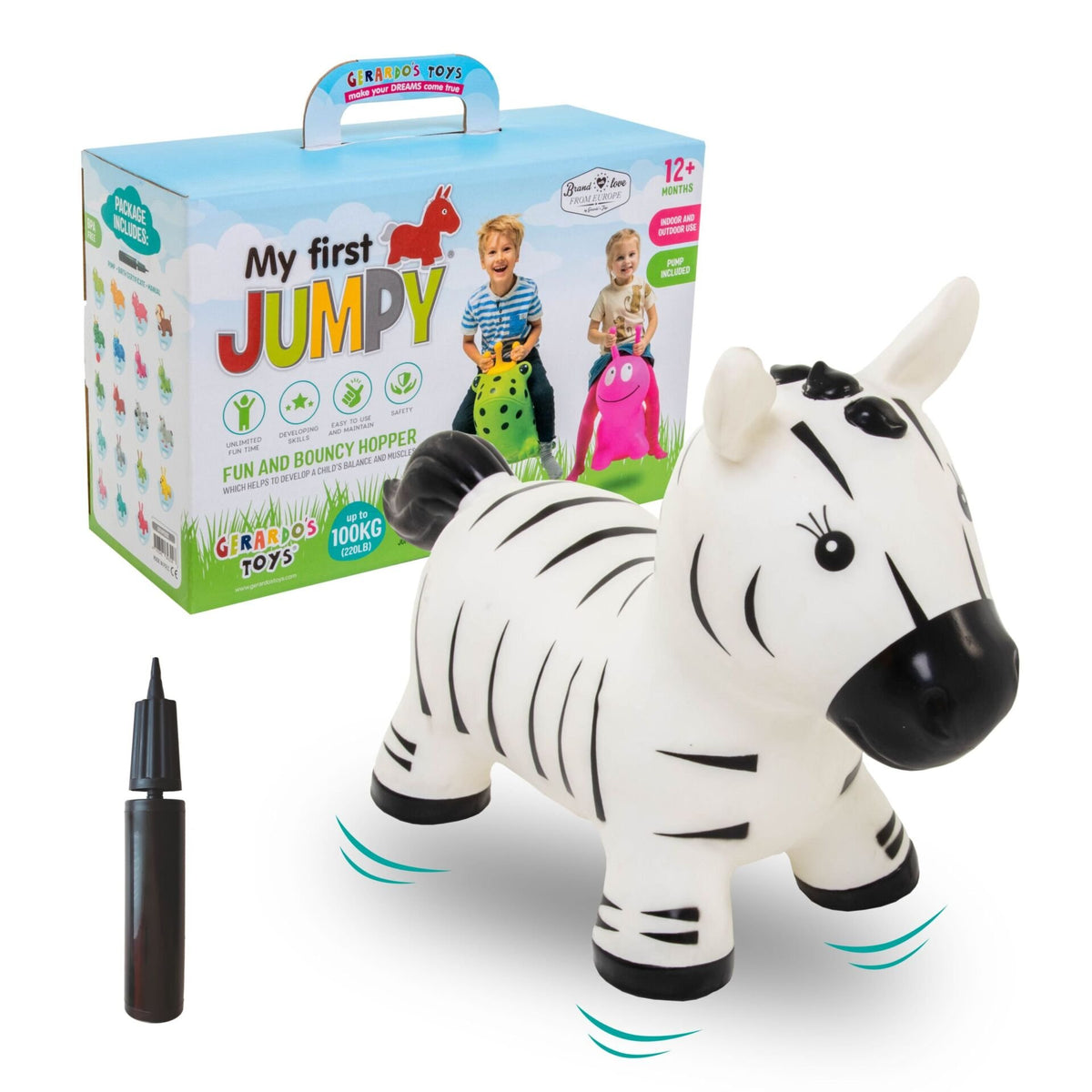 3. Zebra-shaped hopper toy with packaging box and hand pump, suitable for children 12 months and older