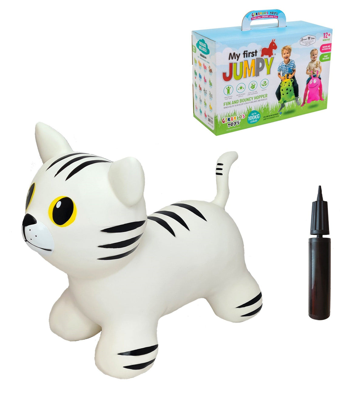 3. White cat-shaped hopper toy with black stripes, yellow eyes, and included hand pump, next to product packaging box