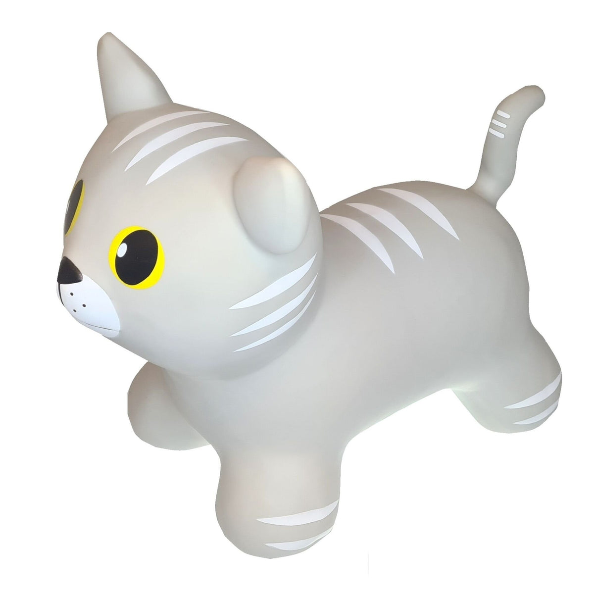 2. Grey cat-shaped hopper toy by Gerardo's Toys with yellow eyes and white stripes, shown in studio lighting