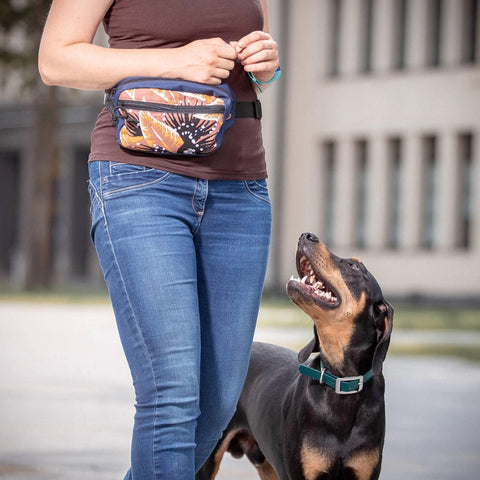 1. Woman wearing Drinbags FERN dog treat bag with floral design, walking dog outdoors