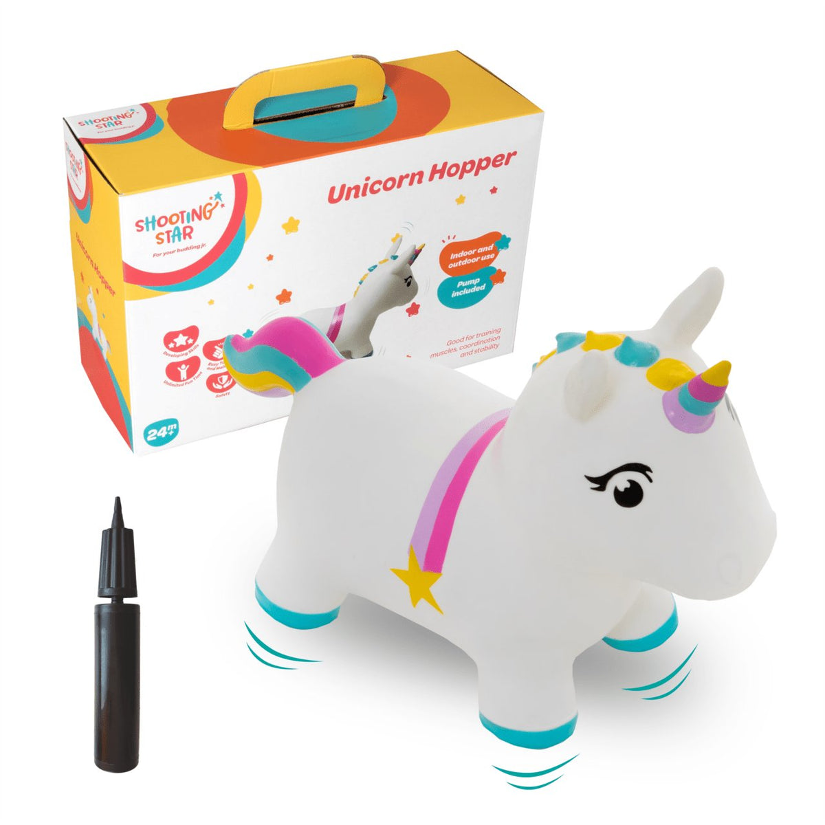 4. Unicorn hopper with packaging box and pump, showing product features and accessories