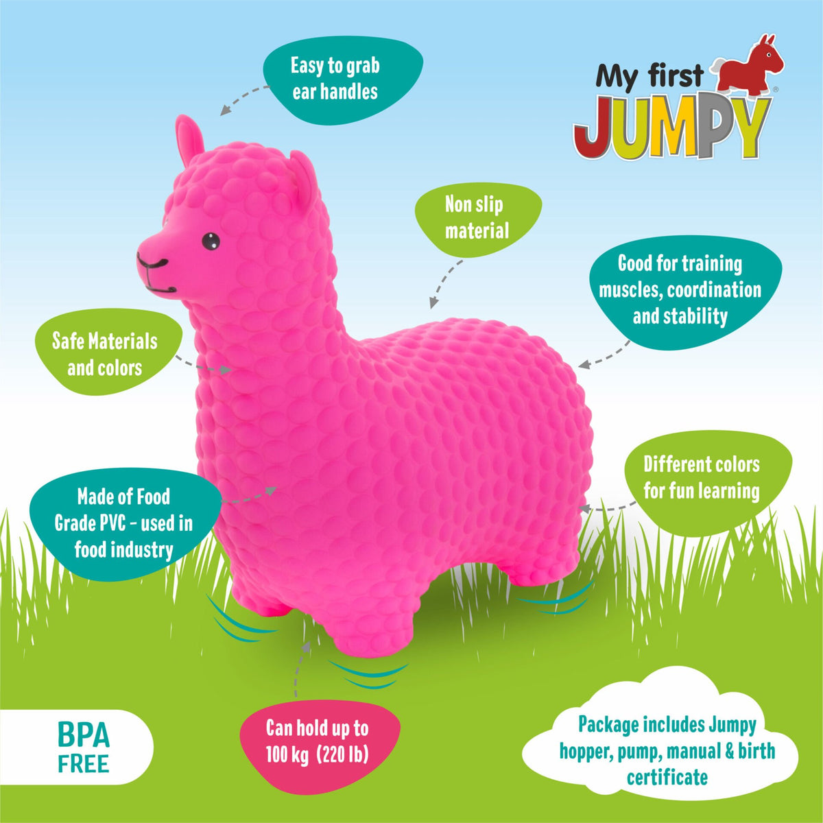 5. Pink alpaca hopper with features like non-slip material and BPA free on blue background