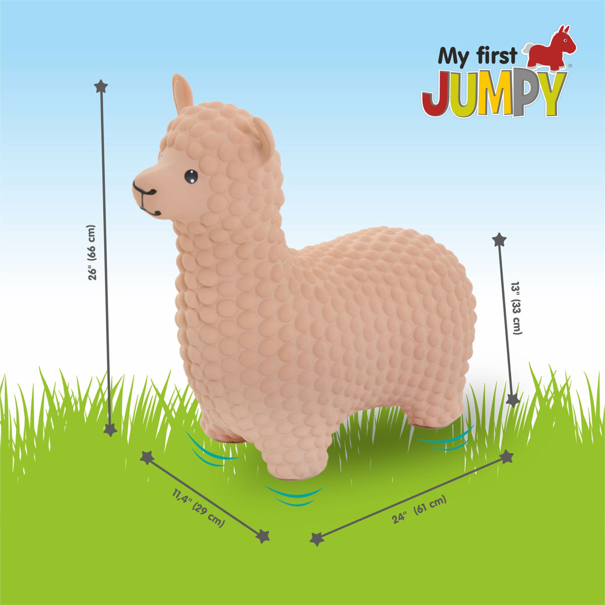 5. Size chart for beige alpaca hopper toy showing dimensions in centimeters