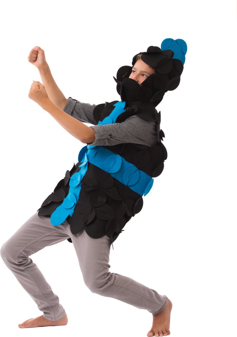 8. Child in Sir William the Brave Knight costume striking a dynamic pose with blue and black felt modules