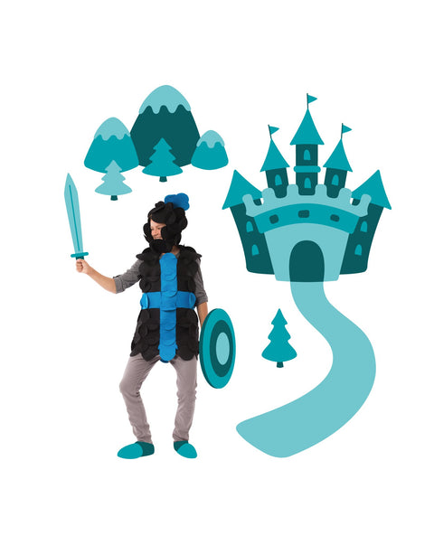 5. Child in Sir William the Brave Knight costume with sword and shield, castle and mountain graphics in background