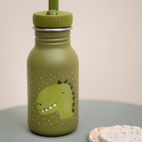 1. Green stainless steel bottle with dinosaur illustration on table, lifestyle setting with blurred background