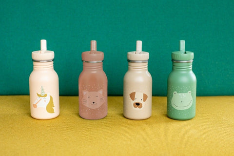 1. Four colorful stainless steel bottles with animal designs, including frog, displayed on yellow surface against green background