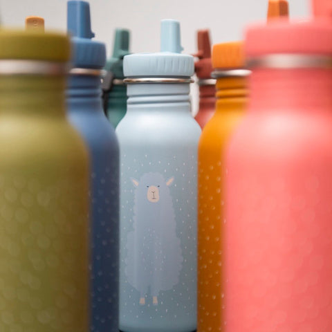 1. Assorted colorful stainless steel bottles with alpaca design, focus on light blue Trixie Baby bottle