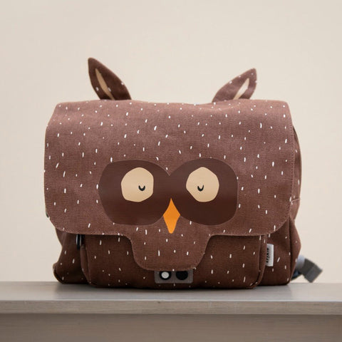 1. Brown owl-themed school bag with ears and face design on a wooden surface, perfect for kids