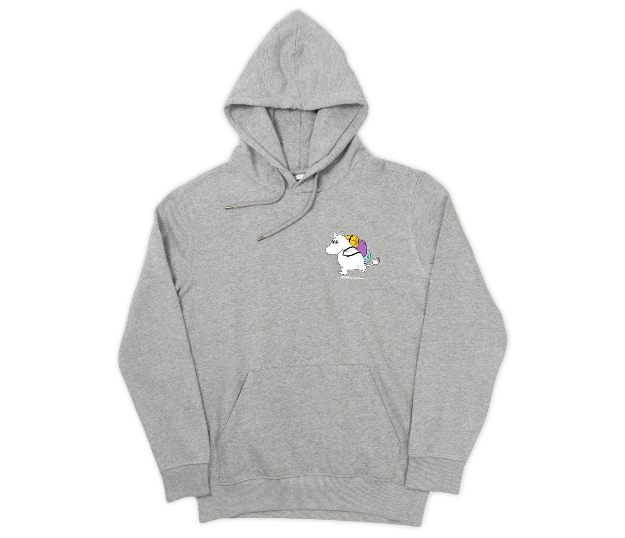 1. Unisex grey Moomin by NordicBuddies hoodie with Moomintroll graphic, shown flat