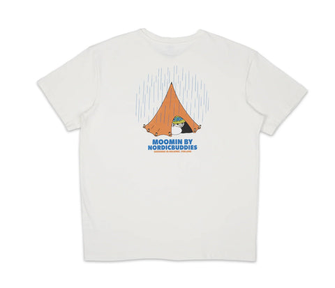 5. Flat lay of unisex white Moomin Adventure T-Shirt, back view with tent graphic and Moomin by NordicBuddies logo