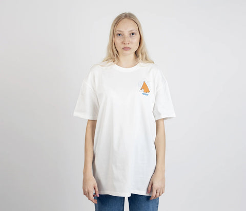 3. Unisex white Moomin Adventure T-Shirt worn by female model, full front view highlighting relaxed fit