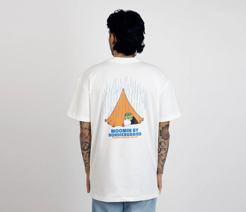 1. Unisex white Moomin Adventure T-Shirt worn by male model, back view showing tent graphic and Moomin by NordicBuddies logo
