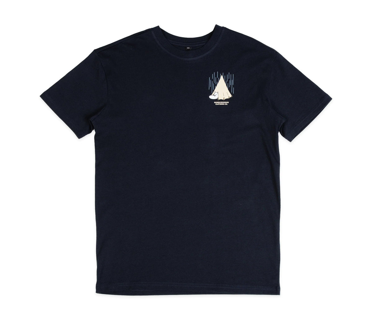 7. Front view of unisex navy Moomin Adventure T-Shirt by NordicBuddies, featuring tent design