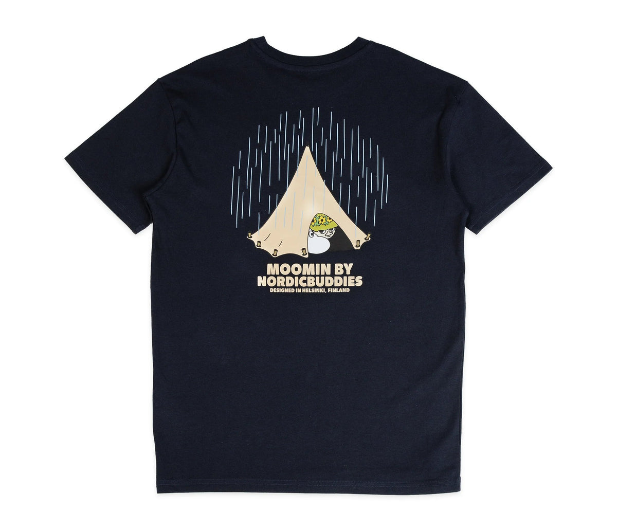 6. Back view of unisex navy Moomin Adventure T-Shirt by NordicBuddies, featuring tent design