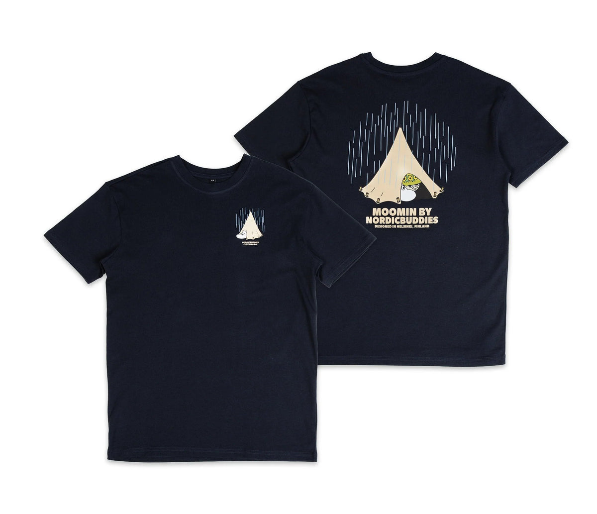 1. Unisex navy Moomin Adventure T-Shirt by NordicBuddies, front and back view, featuring tent design