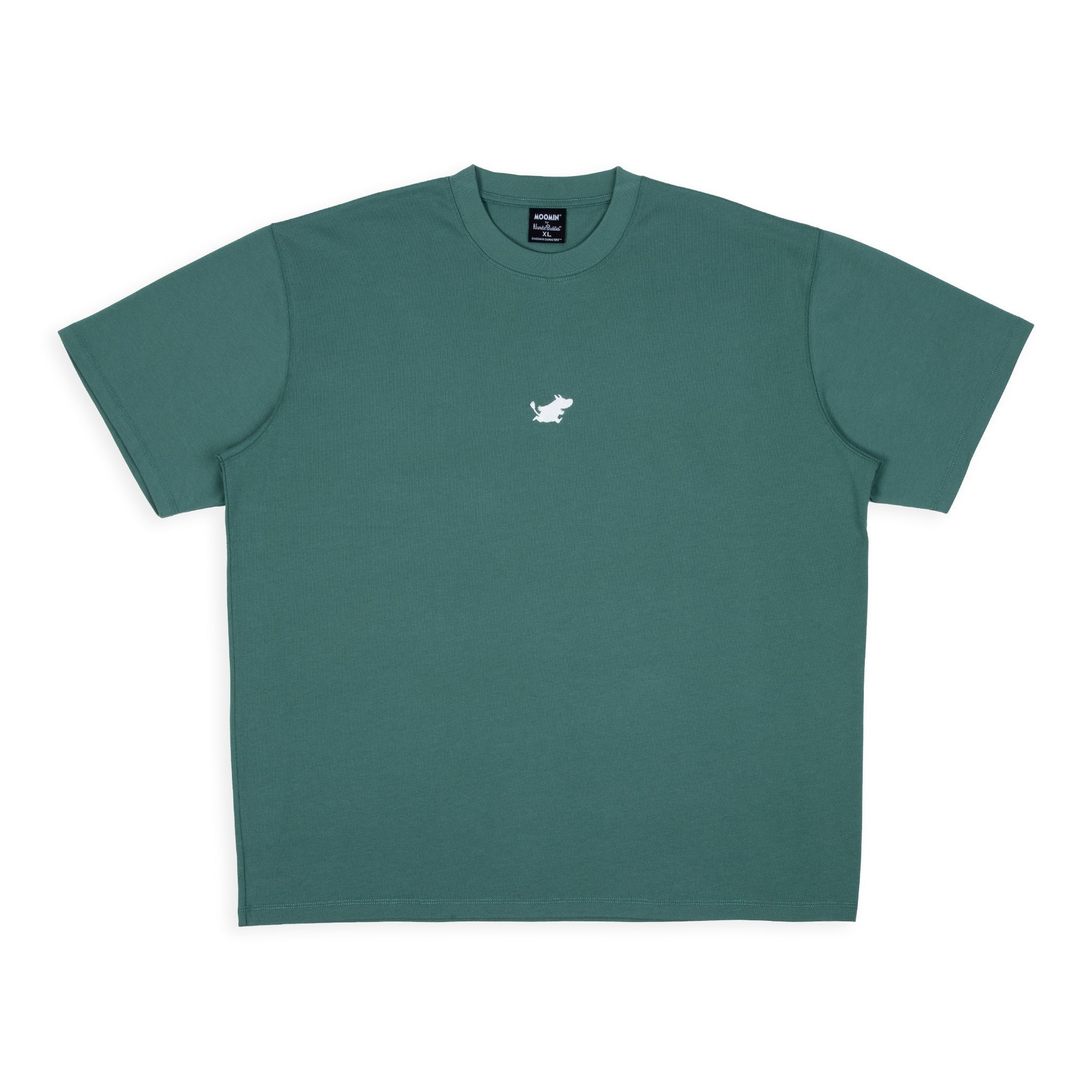 1. Unisex green Moomin Classics heavy t-shirt worn by male and female models in studio