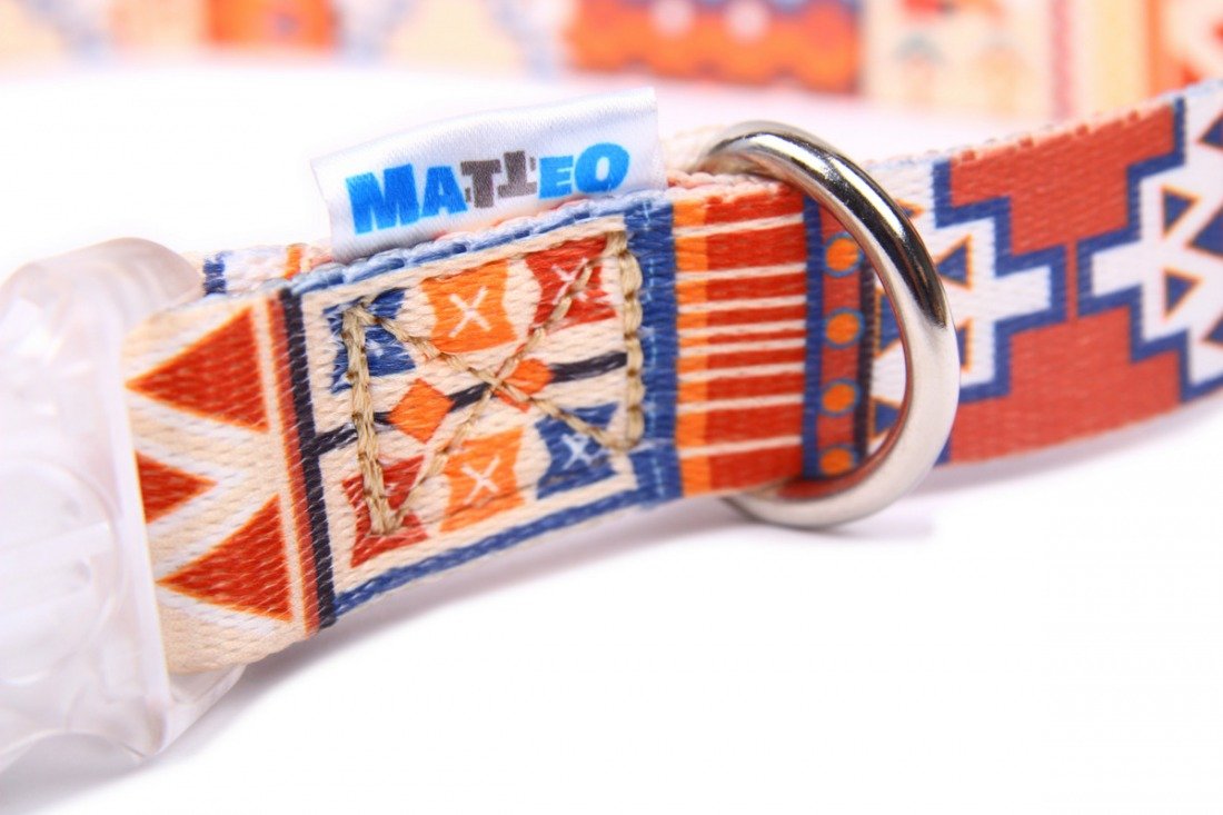 4. Detail of Matteo Boho dog collar showing strong stitching and stainless steel D-ring