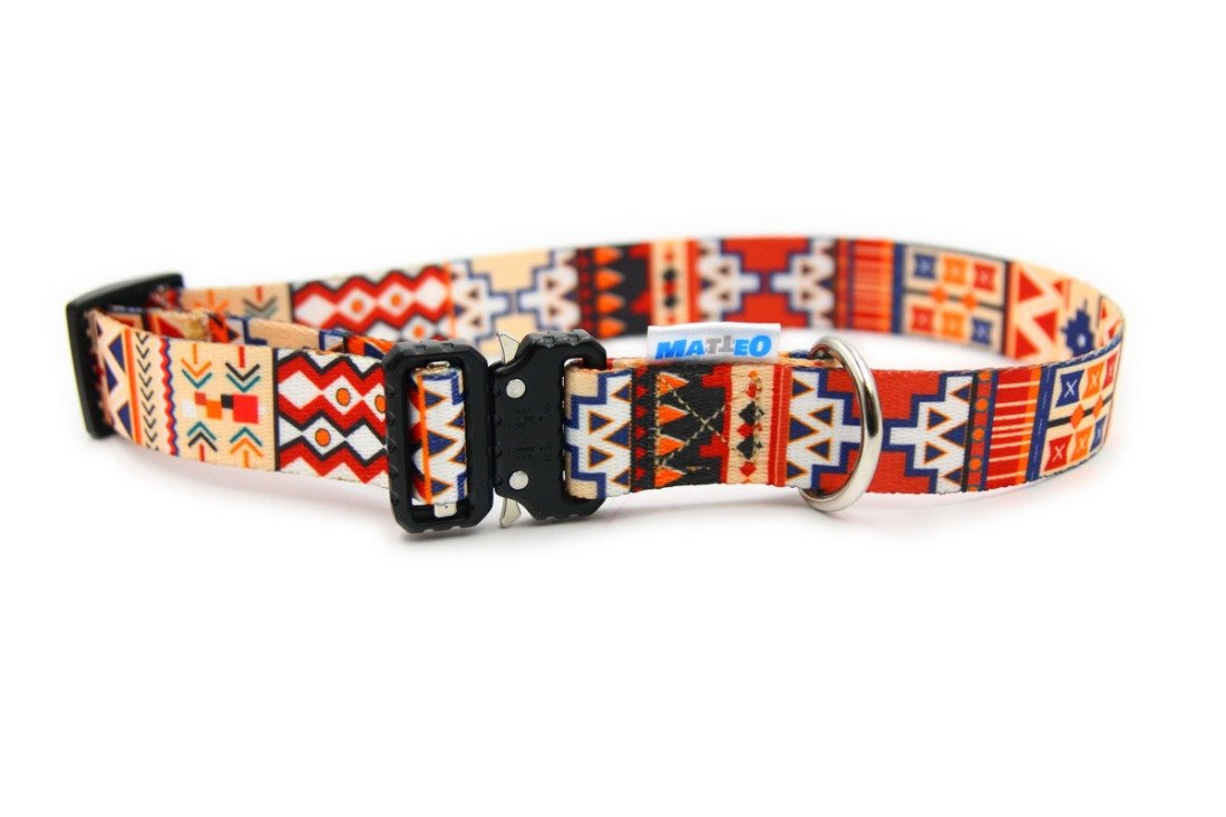 2. Matteo boho dog collar with colorful geometric pattern and black plastic buckle on white background