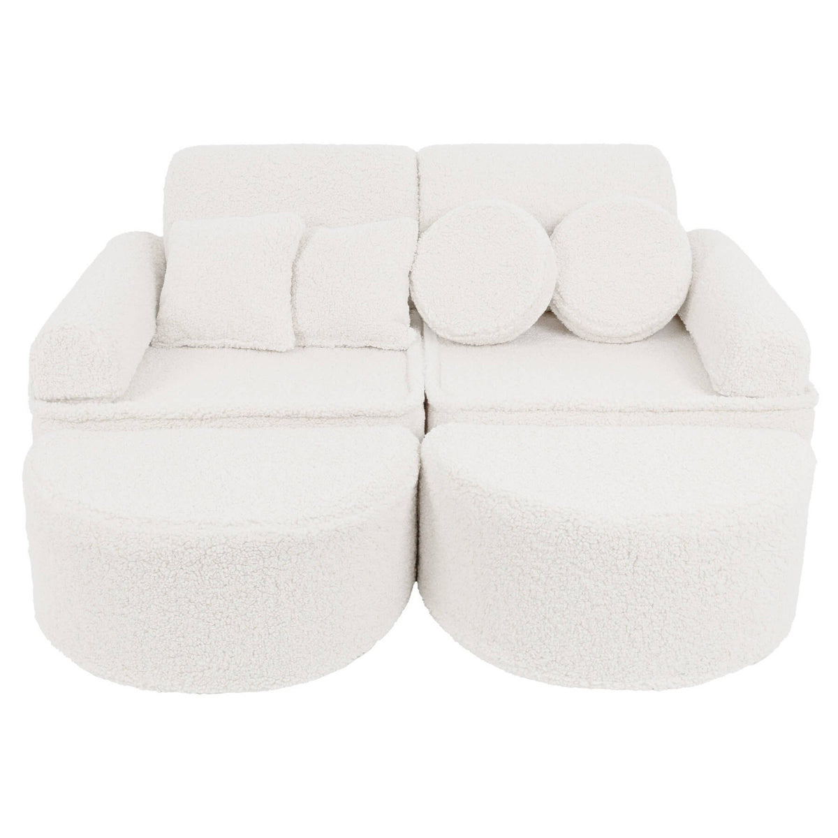 1. Modular children's sofa in bearly cream color with round and square cushions, shown in a complete setup