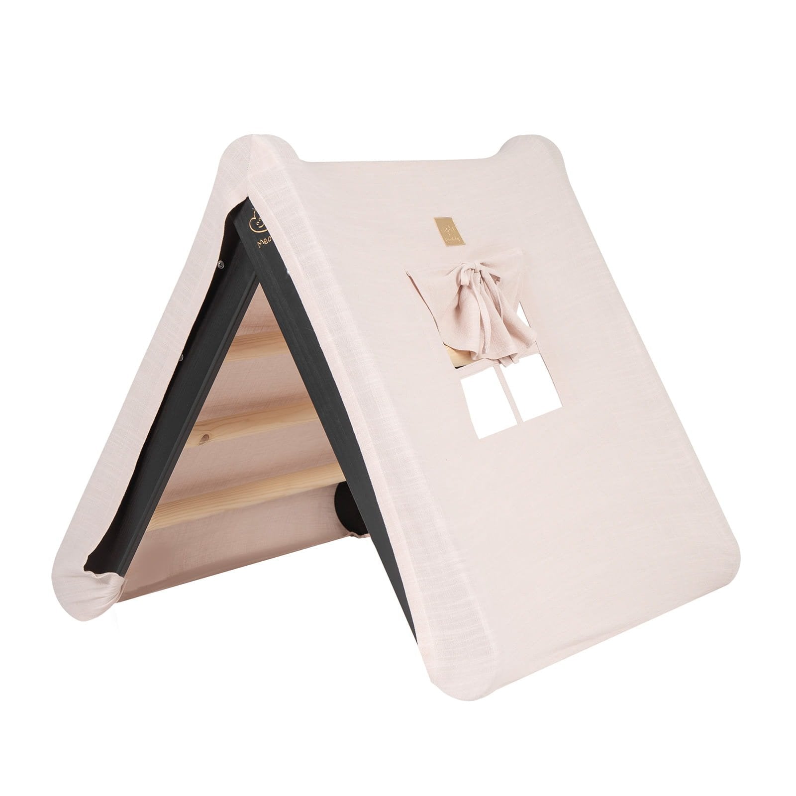 1. Black ladder house with pink cover featuring window and bow detail, ideal for children's playroom