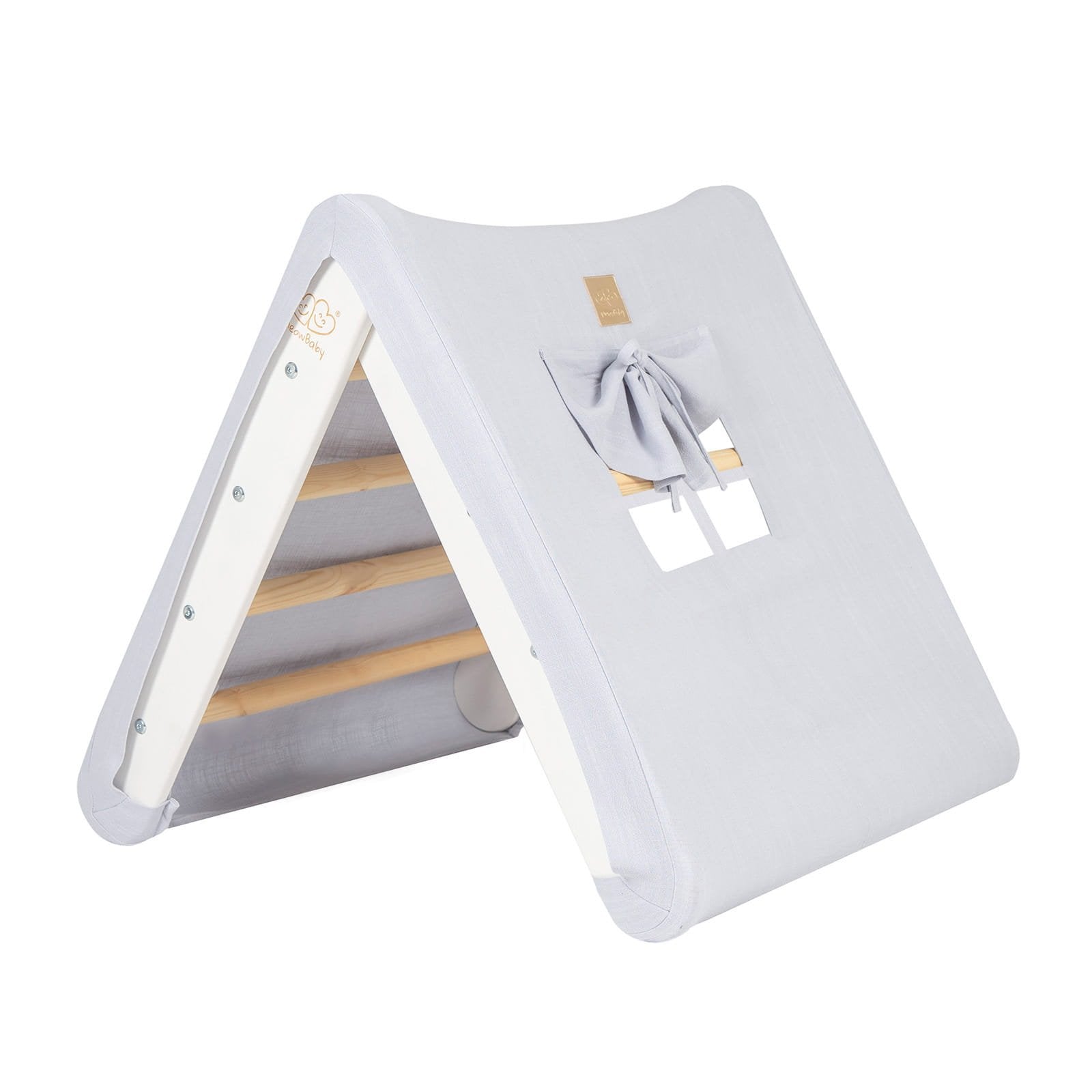 1. White ladder house with light grey cover featuring a window and bow detail, ideal for children's playroom